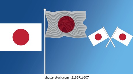 Waving Flag of japan on the blue gradient background with wind, crossed flags and detailed flag design vector and illustrator