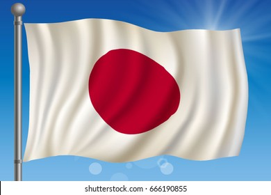Waving flag of Japan on a sky background. Vector illustration