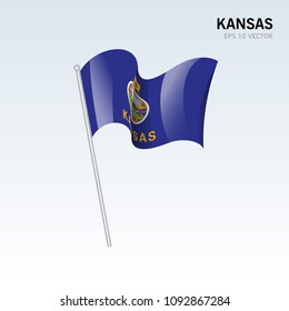 Waving flag of Kansas state of United States of America on gray background