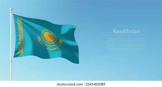 Waving flag of Kazakhstan on a pole with a blue sky backdrop with copyspace