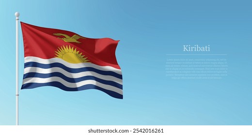 Ondeando la bandera de Kiribati en un poste con un fondo azul del cielo con copyspace