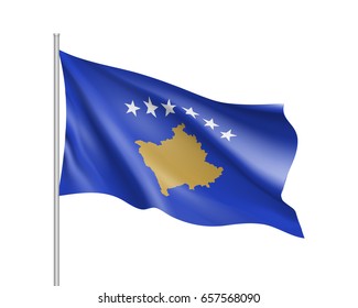 Waving flag of Kosovo. Illustration of Europe country flag on flagpole. Vector 3d icon isolated on white background