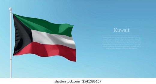 Waving flag of Kuwait on a pole with a blue sky backdrop with copyspace