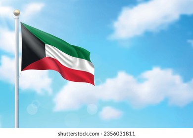 Waving flag of Kuwait on sky background. Template for independence day poster design