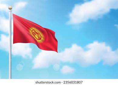 Waving flag of Kyrgyzstan on sky background. Template for independence day poster design
