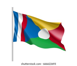 Waving flag of La Reunion. Symbol african state in proportion correctly and official colors. Patriotic sign Eastern Africa country. Vector icon illustration