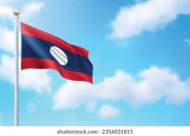 Waving Fahne von Laos auf Himmelshintergrund. Vorlage für die Erstellung eines unabhängigen Tagesplakats
