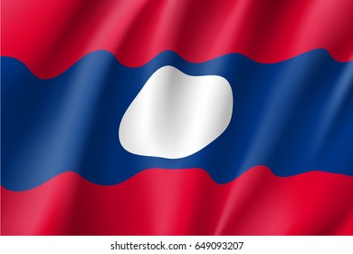 Waving flag of Laos. Patriotic sign of Lao People's Democratic Republic in official national country color and laotian emblem. Symbol of Southeast Asia state. Vector icon illustration