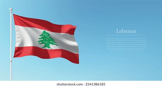 Waving flag of Lebanon on a pole with a blue sky backdrop with copyspace