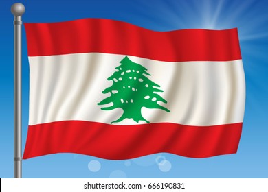 Waving flag of Lebanon on a sky background. Vector illustration