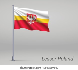 Waving flag of Lesser Poland Voivodeship - province of Poland on flagpole. Template for independence day 