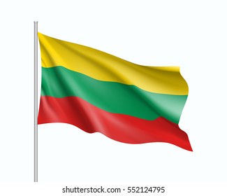 Waving flag of Lithuania state. Illustration of European country flag on flagpole. Vector 3d icon isolated on white background