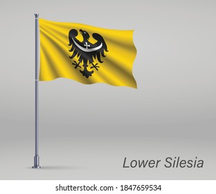 Waving flag of Lower Silesia Voivodeship - province of Poland on flagpole. Template for independence day 
