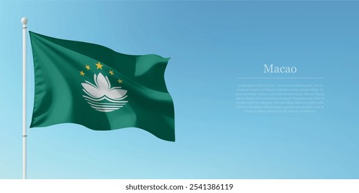 Waving flag of Macao on a pole with a blue sky backdrop with copyspace