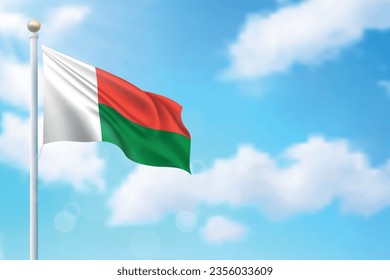 Waving flag of Madagascar on sky background. Template for independence day poster design
