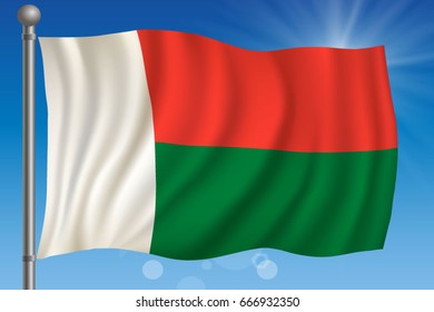 Waving flag of Madagascar on a sky background. Vector illustration