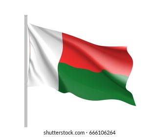 Waving flag of Madagascar. Symbol african state in proportion correctly and official national colors. Patriotic sign Eastern Africa country. Vector icon illustration