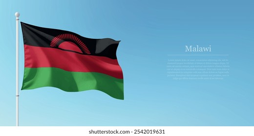 Bandeira do Malawi acenando em um poste com um pano de fundo de céu azul com copyspace