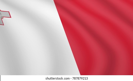 Waving flag of Malta. Current national flag of Republic of Malta. Illustration of lying wavy shaded flag of Malta country. Background with maltese flag.