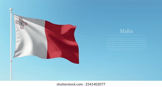 Waving flag of Malta on a pole with a blue sky backdrop with copyspace