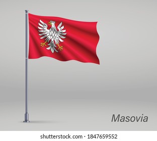 Waving flag of Masovia Voivodeship - province of Poland on flagpole. Template for independence day 