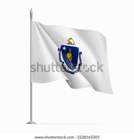 Waving flag of Massachusetts on flagpole, USA federal state. National white wavy flag of Massachusetts state, symbol of patriotism realistic vector illustration
