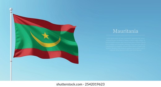 Waving flag of Mauritania on a pole with a blue sky backdrop with copyspace