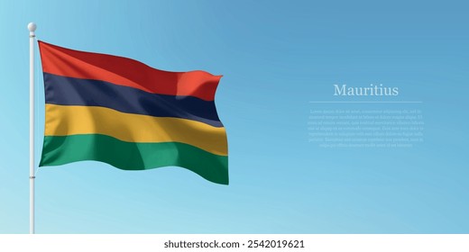 Waving flag of Mauritius on a pole with a blue sky backdrop with copyspace