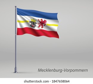 Waving flag of Mecklenburg-Vorpommern - state of Germany on flagpole. Template for independence day 