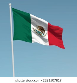 Bandera ondeando México en asta de bandera. Plantilla para diseño de afiches del día de la independencia