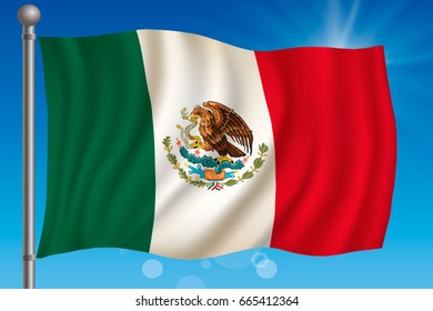 Waving flag of Mexico on a sky background. Vector illustration