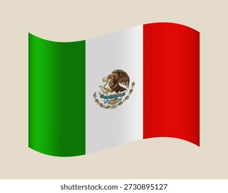 Bandera ondeando de la Ilustración vectorial de México con escudo nacional para las fiestas patrióticas y la representación del gobierno..