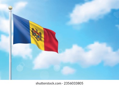 Waving flag of Moldova on sky background. Template for independence day poster design