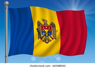 Waving flag of Moldova on a sky background. Vector illustration