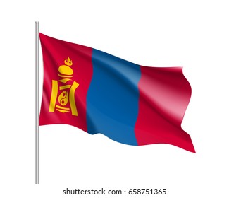 Waving flag of Mongolia. Illustration of Asian country flag on flagpole. Vector 3d icon isolated on white background