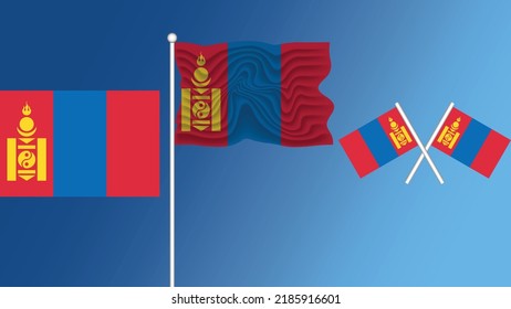 Waving Flag of mongolia on the blue gradient background with wind, crossed flags and detailed flag design vector and illustrator