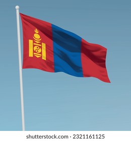 Waving flag of Mongolia on flagpole. Template for independence day poster design
