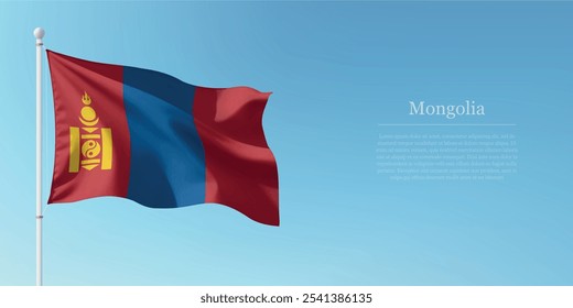 Waving flag of Mongolia on a pole with a blue sky backdrop with copyspace