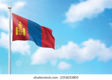Waving flag of Mongolia on sky background. Template for independence day poster design