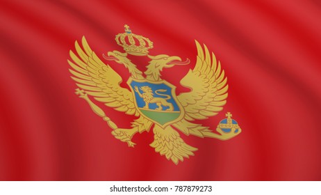 Waving flag of Montenegro. Current national flag of Montenegro. Illustration of lying wavy shaded flag of Montenegro country. Background with montenegrin flag.