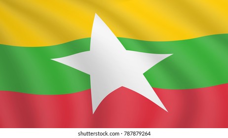 Waving flag of Myanmar. Current national flag of Republic of the Union of Myanmar. Illustration of lying wavy shaded flag of Burma country. Background with myanmese flag.