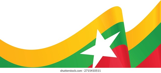 Winkende Flagge von Myanmar mit leuchtenden Farben und einem prominenten Stern.