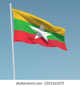 Wachende Flagge von Myanmar auf Flagpol. Vorlage für die Erstellung eines unabhängigen Tagesplakats