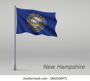 Waving flag of New Hampshire - state of United States on flagpole. Template for independence day poster
