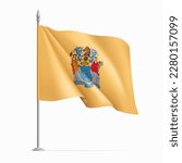 Waving flag of New Jersey on flagpole, USA federal state. Official buff colored wavy flag of New Jersey state, symbol of patriotism realistic vector illustration