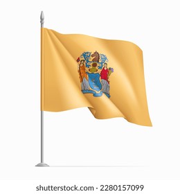 Waving flag of New Jersey on flagpole, USA federal state. Official buff colored wavy flag of New Jersey state, symbol of patriotism realistic vector illustration