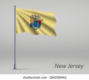 Waving flag of New Jersey - state of United States on flagpole. Template for independence day poster
