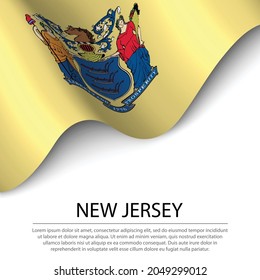 Bandera ondulante de Nueva Jersey es un estado de EEUU sobre fondo blanco. Plantilla vectorial de banderas o cintas