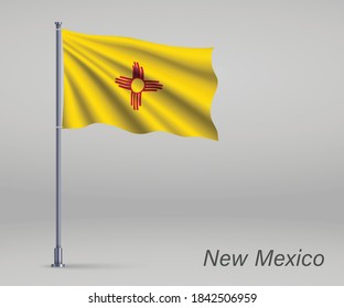 Waving flag of New Mexico - state of United States on flagpole. Template for independence day poster
