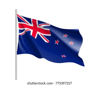 Waving flag of New Zealand. Illustration of Oceania country flag on flagpole. Vector 3d icon isolated on white background